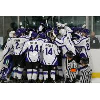 The Tri-City Storm celebrates their overtime win against the Omaha Lancers