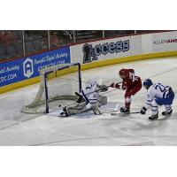 Les Lancaster of the Allen Americans scores against the Wichita Thunder